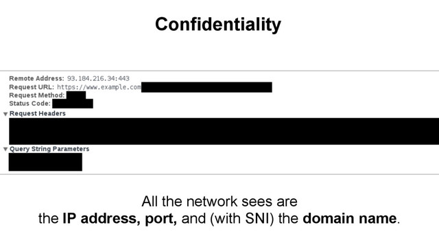 Confidentiality
All the network sees are
the IP address, port, and (with SNI) the domain name.
