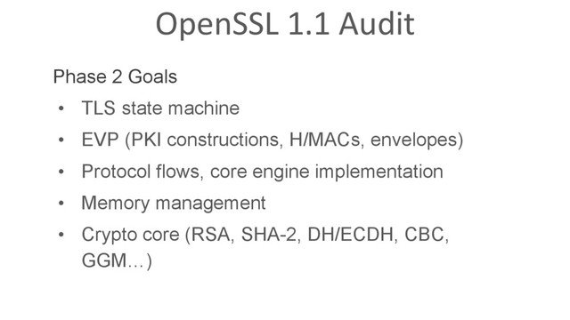 OpenSSL 1.1 Audit
Phase 2 Goals
•  TLS state machine
•  EVP (PKI constructions, H/MACs, envelopes)
•  Protocol flows, core engine implementation
•  Memory management
•  Crypto core (RSA, SHA-2, DH/ECDH, CBC,
GGM…)
