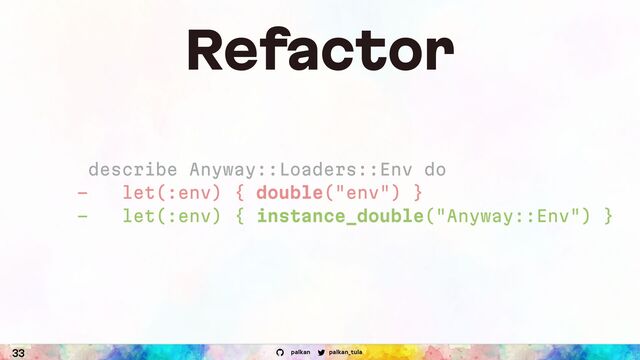 palkan_tula
palkan
33
describe Anyway::Loaders::Env do
- let(:env) { double("env") }
- let(:env) { instance_double("Anyway::Env") }
Refactor

