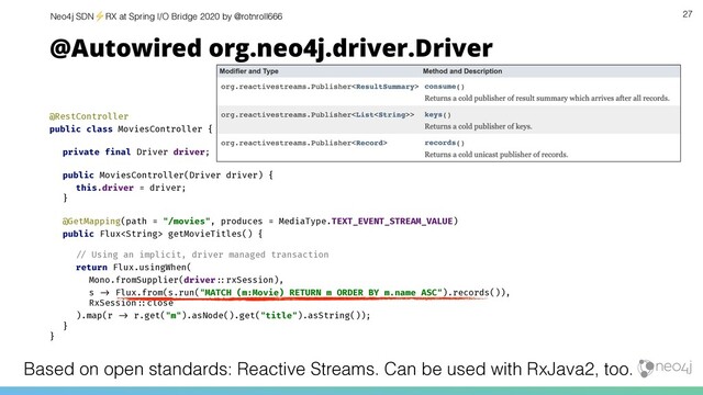 Neo4j SDN⚡ RX at Spring I/O Bridge 2020 by @rotnroll666 27
@Autowired org.neo4j.driver.Driver
@RestController
public class MoviesController {
private final Driver driver;
public MoviesController(Driver driver) {
this.driver = driver;
}
@GetMapping(path = "/movies", produces = MediaType.TEXT_EVENT_STREAM_VALUE)
public Flux getMovieTitles() {
!& Using an implicit, driver managed transaction
return Flux.usingWhen(
Mono.fromSupplier(driver!'rxSession),
s !( Flux.from(s.run("MATCH (m:Movie) RETURN m ORDER BY m.name ASC").records()),
RxSession!'close
).map(r !( r.get("m").asNode().get("title").asString());
}
}
Based on open standards: Reactive Streams. Can be used with RxJava2, too.
