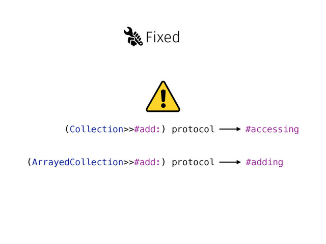 Fixed
(Collection>>#add:) protocol
(ArrayedCollection>>#add:) protocol #adding
#accessing
