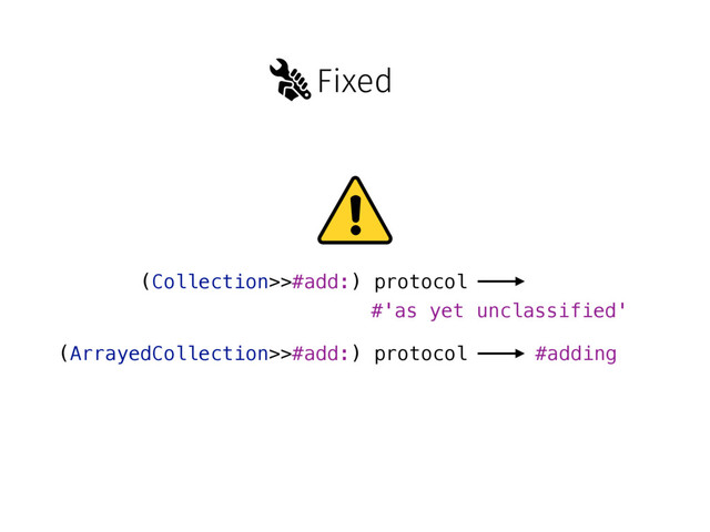 Fixed
(Collection>>#add:) protocol
#'as yet unclassified'
(ArrayedCollection>>#add:) protocol #adding
