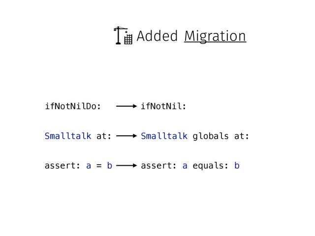 Added
assert: a = b
ifNotNilDo: ifNotNil:
Smalltalk at: Smalltalk globals at:
assert: a equals: b
Migration
