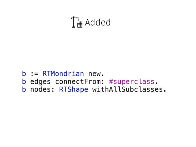 Added
b := RTMondrian new.
b edges connectFrom: #superclass.
b nodes: RTShape withAllSubclasses.
