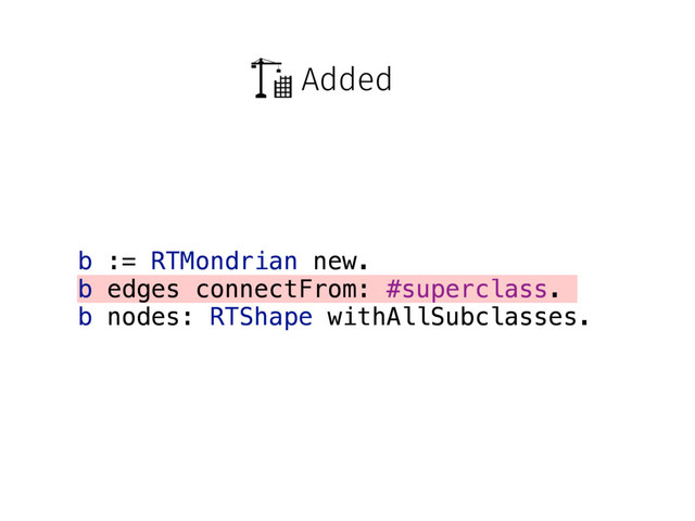 Added
b := RTMondrian new.
b edges connectFrom: #superclass.
b nodes: RTShape withAllSubclasses.
b := RTMondrian new.
b edges connectFrom: #superclass.
b nodes: RTShape withAllSubclasses.
