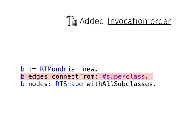 Added
b := RTMondrian new.
b edges connectFrom: #superclass.
b nodes: RTShape withAllSubclasses.
Invocation order
b := RTMondrian new.
b edges connectFrom: #superclass.
b nodes: RTShape withAllSubclasses.
