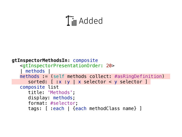 Added
gtInspectorMethodsIn: composite

| methods |
methods := (self methods collect: #asRingDefinition)
sorted: [ :x :y | x selector < y selector ]
composite list
title: 'Methods';
display: methods;
format: #selector;
tags: [ :each | {each methodClass name} ]
