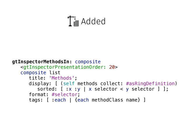 Added
gtInspectorMethodsIn: composite

composite list
title: 'Methods';
display: [ (self methods collect: #asRingDefinition)
sorted: [ :x :y | x selector < y selector ] ];
format: #selector;
tags: [ :each | {each methodClass name} ]
