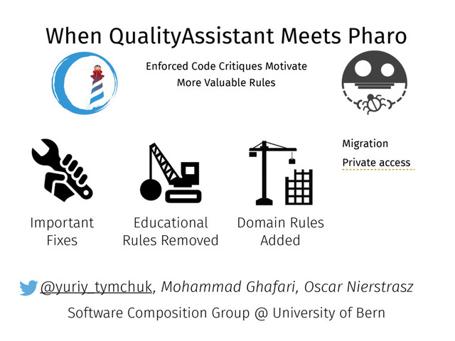 @yuriy_tymchuk
When QualityAssistant Meets Pharo
Enforced Code Critiques Motivate
More Valuable Rules
, Mohammad Ghafari, Oscar Nierstrasz
Software Composition Group @ University of Bern
Important
Fixes
Educational
Rules Removed
Domain Rules
Added
Migration
Private access
