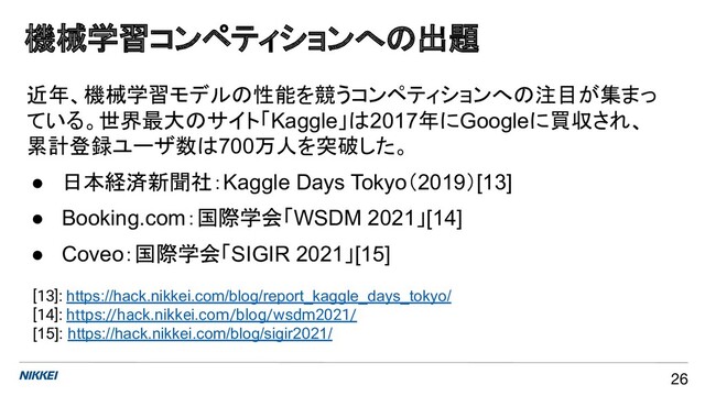 機械学習コンペティションへの出題
26
近年、機械学習モデルの性能を競うコンペティションへの注目が集まっ
ている。世界最大のサイト「Kaggle」は2017年にGoogleに買収され、
累計登録ユーザ数は700万人を突破した。
● 日本経済新聞社：Kaggle Days Tokyo（2019）[13]
● Booking.com：国際学会「WSDM 2021」[14]
● Coveo：国際学会「SIGIR 2021」[15]
[13]: https://hack.nikkei.com/blog/report_kaggle_days_tokyo/
[14]: https://hack.nikkei.com/blog/wsdm2021/
[15]: https://hack.nikkei.com/blog/sigir2021/
