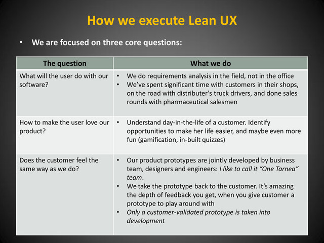 How we execute Lean UX
The question What we do
What will the user do with our
software?
• We do requirements analysis in the field, not in the office
• We’ve spent significant time with customers in their shops,
on the road with distributer’s truck drivers, and done sales
rounds with pharmaceutical salesmen
How to make the user love our
product?
• Understand day-in-the-life of a customer. Identify
opportunities to make her life easier, and maybe even more
fun (gamification, in-built quizzes)
Does the customer feel the
same way as we do?
• Our product prototypes are jointly developed by business
team, designers and engineers: I like to call it “One Tarnea”
team.
• We take the prototype back to the customer. It’s amazing
the depth of feedback you get, when you give customer a
prototype to play around with
• Only a customer-validated prototype is taken into
development
• We are focused on three core questions:
