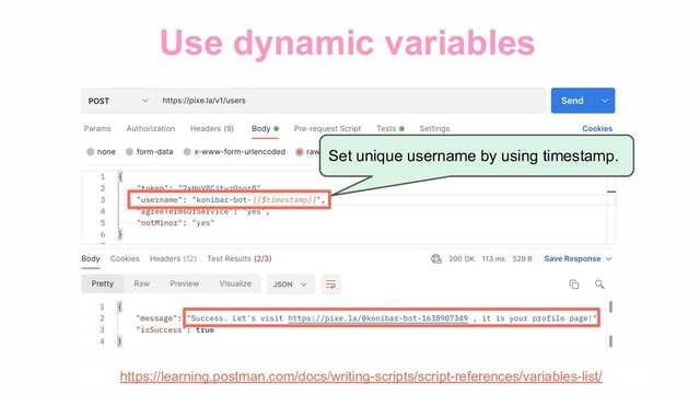 Use dynamic variables
https://learning.postman.com/docs/writing-scripts/script-references/variables-list/
Set unique username by using timestamp.
