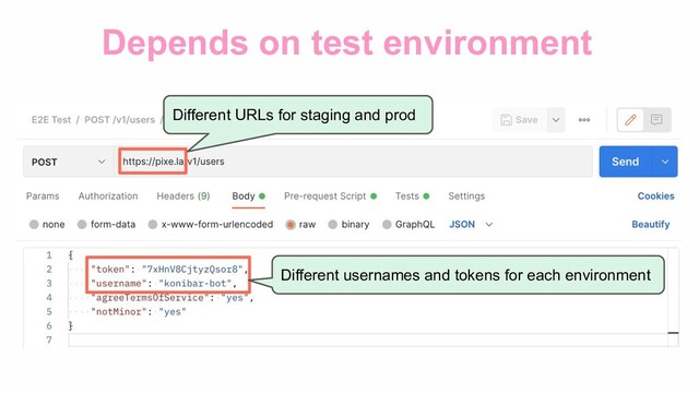 Depends on test environment
Different URLs for staging and prod
Different usernames and tokens for each environment
