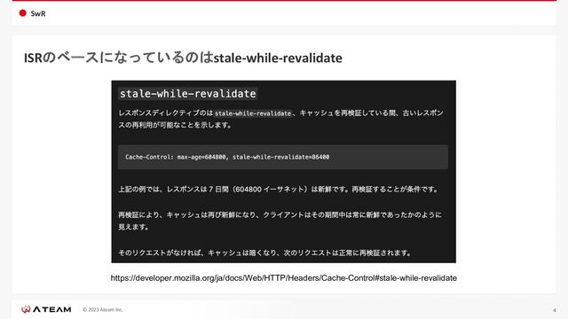 © 2023 Ateam Inc.
SwR
ISRのベースになっているのはstale-while-revalidate
4
https://developer.mozilla.org/ja/docs/Web/HTTP/Headers/Cache-Control#stale-while-revalidate
