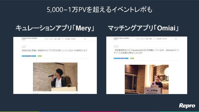 5,000~1万PVを超えるイベントレポも
キュレーションアプリ「Mery」 マッチングアプリ「Omiai」
