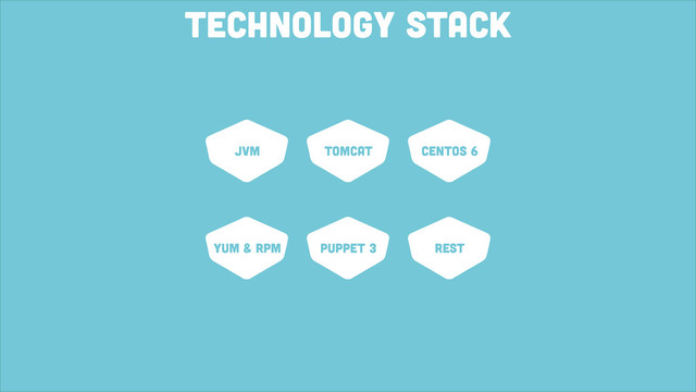 technology stack
JVM Tomcat Centos 6
YUM & RPM Puppet 3 REST
