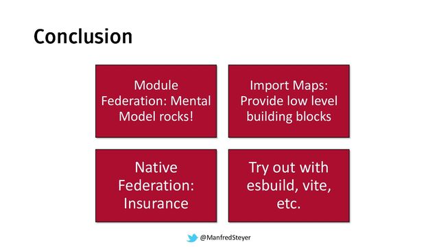 @ManfredSteyer
Module
Federation: Mental
Model rocks!
Import Maps:
Provide low level
building blocks
Native
Federation:
Insurance
Try out with
esbuild, vite,
etc.
