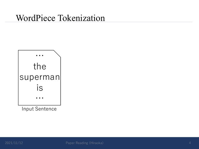 WordPiece Tokenization
2021/11/12 Paper Reading (Hiraoka) 4
…
the
superman
is
…
Input Sentence
