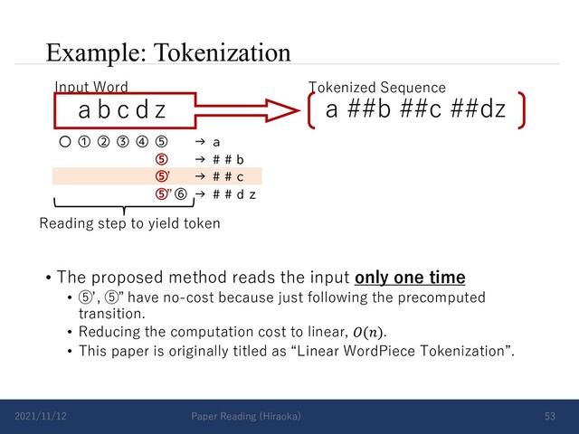 Example: Tokenization
• The proposed method reads the input only one time
• ⑤ , ⑤ have no-cost because just following the precomputed
transition.
• Reducing the computation cost to linear, 𝑂(𝑛).
• This paper is originally titled as “Linear WordPiece Tokenization”.
2021/11/12 Paper Reading (Hiraoka) 53
a b c d z
Input Word Tokenized Sequence
a ##b ##c ##dz
〇 ① ② ③ ④ ⑤ → a
⑤ → # # b
⑤ → # # c
⑤ ⑥ → # # d z
Reading step to yield token
ʼ
”
ʼ ”
