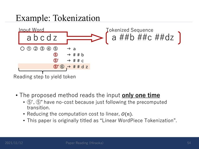 Example: Tokenization
• The proposed method reads the input only one time
• ⑤ , ⑤ have no-cost because just following the precomputed
transition.
• Reducing the computation cost to linear, 𝑂(𝑛).
• This paper is originally titled as “Linear WordPiece Tokenization”.
2021/11/12 Paper Reading (Hiraoka) 54
a b c d z
Input Word Tokenized Sequence
a ##b ##c ##dz
〇 ① ② ③ ④ ⑤ → a
⑤ → # # b
⑤ → # # c
⑤ ⑥ → # # d z
Reading step to yield token
ʼ
”
ʼ ”
