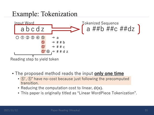 Example: Tokenization
• The proposed method reads the input only one time
• ⑤ , ⑤ have no-cost because just following the precomputed
transition.
• Reducing the computation cost to linear, 𝑂(𝑛).
• This paper is originally titled as “Linear WordPiece Tokenization”.
2021/11/12 Paper Reading (Hiraoka) 55
a b c d z
Input Word Tokenized Sequence
a ##b ##c ##dz
〇 ① ② ③ ④ ⑤ → a
⑤ → # # b
⑤ → # # c
⑤ ⑥ → # # d z
Reading step to yield token
ʼ
”
ʼ ”
