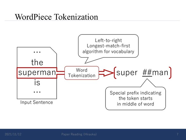 WordPiece Tokenization
2021/11/12 Paper Reading (Hiraoka) 7
…
the
superman
is
…
super ##man
Word
Tokenization
Left-to-right
Longest-match-first
algorithm for vocabulary
Special prefix indicating
the token starts
in middle of word
Input Sentence
