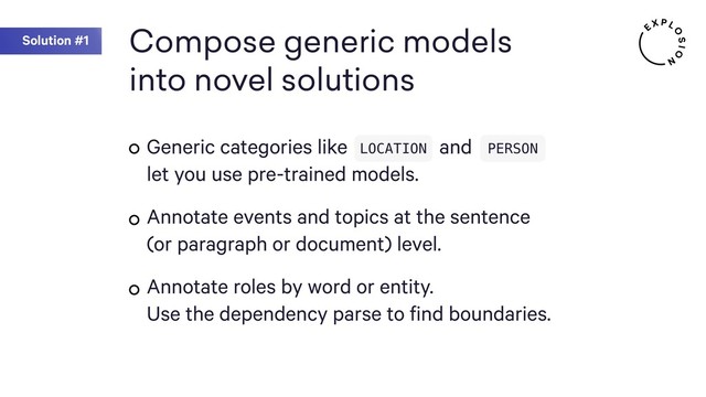 Compose generic models
into novel solutions
Generic categories like and  
let you use pre-trained models.
Annotate events and topics at the sentence  
(or paragraph or document) level.
Annotate roles by word or entity.  
Use the dependency parse to find boundaries.
Solution #1
LOCATION PERSON
