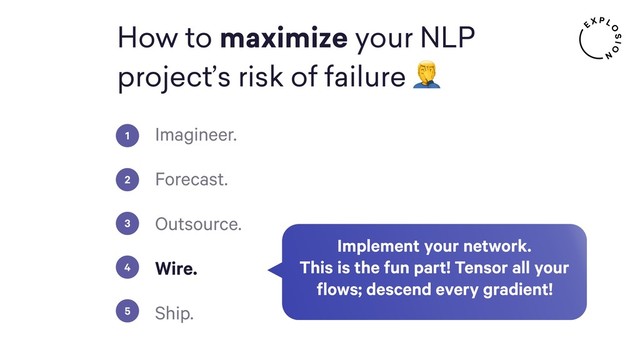 How to maximize your NLP
project’s risk of failure 
Imagineer.
Forecast.
Outsource.
Wire.
Ship.
1
2
3
4
5
Implement your network.
This is the fun part! Tensor all your
flows; descend every gradient!
