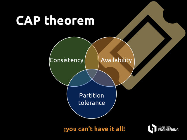 CAP theorem
Consistency Availability
Partition
tolerance
¡you can’t have it all!
