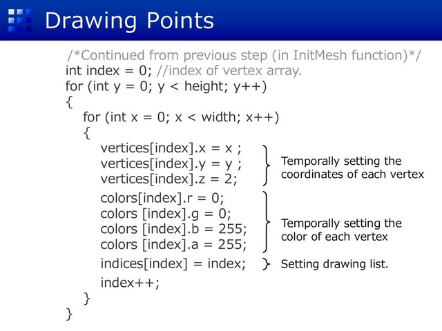 Drawing Points
/*Continued from previous step (in InitMesh function)*/
int index = 0; //index of vertex array.
for (int y = 0; y < height; y++)
{
for (int x = 0; x < width; x++)
{
vertices[index].x = x ;
vertices[index].y = y ;
vertices[index].z = 2;
colors[index].r = 0;
colors [index].g = 0;
colors [index].b = 255;
colors [index].a = 255;
indices[index] = index;
index++;
}
}
Temporally setting the
coordinates of each vertex
Temporally setting the
color of each vertex
Setting drawing list.
