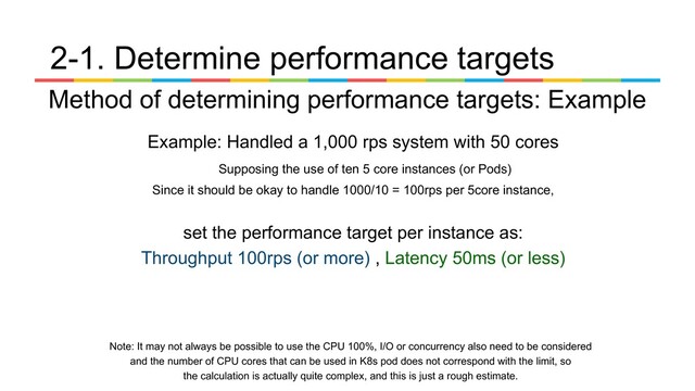 Example: Handled a 1,000 rps system with 50 cores
　　Supposing the use of ten 5 core instances (or Pods)
Since it should be okay to handle 1000/10 = 100rps per 5core instance,
set the performance target per instance as:
Throughput 100rps (or more) , Latency 50ms (or less)
Note: It may not always be possible to use the CPU 100%, I/O or concurrency also need to be considered
and the number of CPU cores that can be used in K8s pod does not correspond with the limit, so
the calculation is actually quite complex, and this is just a rough estimate.
Method of determining performance targets: Example
2-1. Determine performance targets
