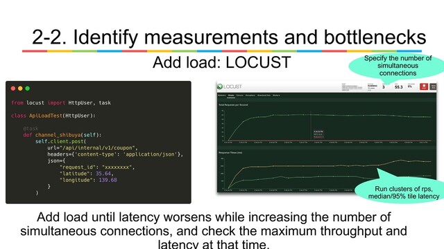 Add load: LOCUST Specify the number of
simultaneous
connections
Run clusters of rps,
median/95% tile latency
Add load until latency worsens while increasing the number of
simultaneous connections, and check the maximum throughput and
2-2. Identify measurements and bottlenecks
