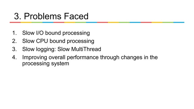 1. Slow I/O bound processing
2. Slow CPU bound processing
3. Slow logging: Slow MultiThread
4. Improving overall performance through changes in the
processing system
3. Problems Faced
