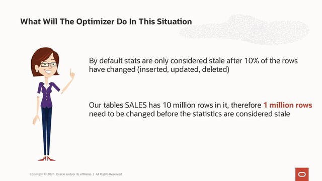 What Will The Optimizer Do In This Situation
Copyright © 2021, Oracle and/or its affiliates | All Rights Reserved.
By default stats are only considered stale after 10% of the rows
have changed (inserted, updated, deleted)
Our tables SALES has 10 million rows in it, therefore 1 million rows
need to be changed before the statistics are considered stale
