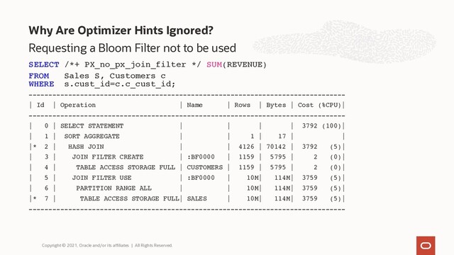 Why Are Optimizer Hints Ignored?
Copyright © 2021, Oracle and/or its affiliates | All Rights Reserved.
Requesting a Bloom Filter not to be used
SELECT /*+ PX_no_px_join_filter */ SUM(REVENUE)
FROM Sales S, Customers c
WHERE s.cust_id=c.c_cust_id;
--------------------------------------------------------------------------------
| Id | Operation | Name | Rows | Bytes | Cost (%CPU)|
--------------------------------------------------------------------------------
| 0 | SELECT STATEMENT | | | | 3792 (100)|
| 1 | SORT AGGREGATE | | 1 | 17 | |
|* 2 | HASH JOIN | | 4126 | 70142 | 3792 (5)|
| 3 | JOIN FILTER CREATE | :BF0000 | 1159 | 5795 | 2 (0)|
| 4 | TABLE ACCESS STORAGE FULL | CUSTOMERS | 1159 | 5795 | 2 (0)|
| 5 | JOIN FILTER USE | :BF0000 | 10M| 114M| 3759 (5)|
| 6 | PARTITION RANGE ALL | | 10M| 114M| 3759 (5)|
|* 7 | TABLE ACCESS STORAGE FULL| SALES | 10M| 114M| 3759 (5)|
--------------------------------------------------------------------------------
