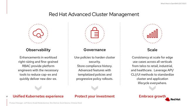 What's Next in OpenShift Q2CY2023
Enhancements in workload
right-sizing and fine-grained
RBAC provide platform
engineers with the necessary
tools to reduce cap-ex and
quickly deliver new dev-ex.
17
Red Hat Advanced Cluster Management
Use policies to harden cluster
security.
Store compliance history.
Advanced features with
templatized policies and
progressive policy rollouts.
Governance
Consistency at scale for edge
use cases across all verticals
from telco to retail, industrial,
and healthcare. Leverage API/
CLI/UI methods to standardize
cluster and application
lifecycle everywhere.
Scale
Observability
Product Manager: Jeff Brent, Bradd Weidenbenner, Sho Weimer, Scott Berens, Christian Stark
Protect your investment Embrace growth
Unified Kubernetes experience
