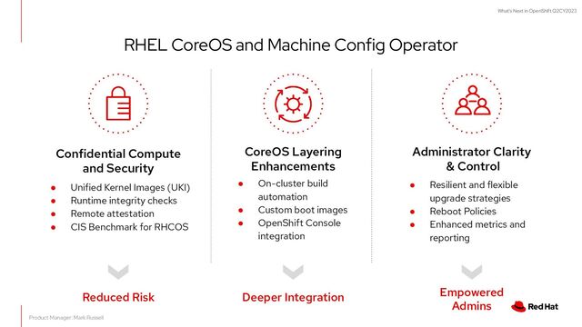 What's Next in OpenShift Q2CY2023
● Unified Kernel Images (UKI)
● Runtime integrity checks
● Remote attestation
● CIS Benchmark for RHCOS
RHEL CoreOS and Machine Config Operator
● On-cluster build
automation
● Custom boot images
● OpenShift Console
integration
CoreOS Layering
Enhancements
● Resilient and flexible
upgrade strategies
● Reboot Policies
● Enhanced metrics and
reporting
Administrator Clarity
& Control
Confidential Compute
and Security
Product Manager: Mark Russell
Deeper Integration Empowered
Admins
Reduced Risk
