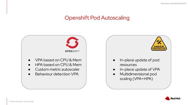 What's Next in OpenShift Q2CY2023
Openshift Pod Autoscaling
● VPA based on CPU & Mem
● HPA based on CPU & Mem
● Custom metric autoscaler
● Behaviour detection VPA
● In-place update of pod
resources
● In-place update of VPA
● Multidimensional pod
scaling (VPA+HPA)
Product Manager: Gaurav Singh

