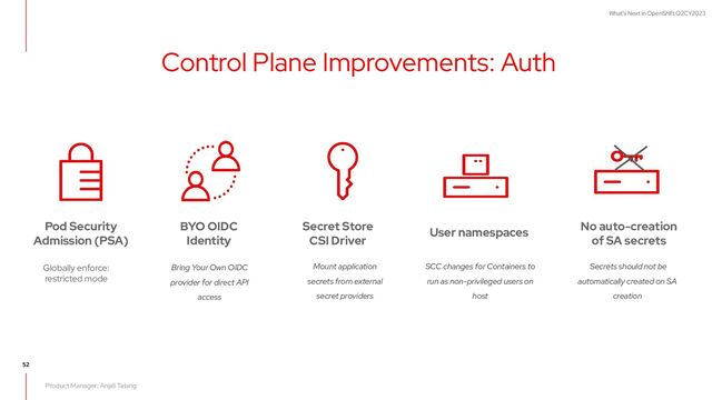 What's Next in OpenShift Q2CY2023
Control Plane Improvements: Auth
Pod Security
Admission (PSA)
No auto-creation
of SA secrets
User namespaces
Globally enforce:
restricted mode
SCC changes for Containers to
run as non-privileged users on
host
Secrets should not be
automatically created on SA
creation
BYO OIDC
Identity
Bring Your Own OIDC
provider for direct API
access
Secret Store
CSI Driver
Mount application
secrets from external
secret providers
Product Manager: Anjali Telang
52
