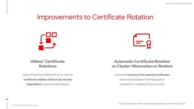 What's Next in OpenShift Q2CY2023
Automatic recovery from expired certificates
when cluster resumes from hibernation,
snapshots or a restored from a backup
Kube API and OpenShift API server internal
certificate rotation without any service
degradation or performance impact
Hitless* Certificate
Rotations
Automatic Certificate Rotation
on Cluster Hibernation or Restore
Improvements to Certificate Rotation
* Execute the action without any service degradation or performance impact
Product Manager: William Caban
54
