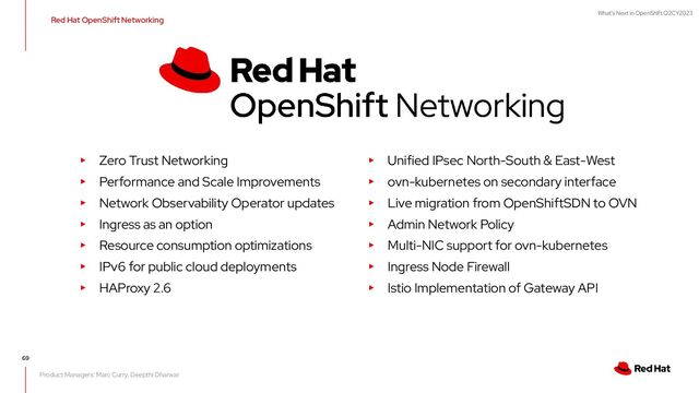 What's Next in OpenShift Q2CY2023
Product Managers: Marc Curry, Deepthi Dharwar
Red Hat OpenShift Networking
69
▸ Zero Trust Networking
▸ Performance and Scale Improvements
▸ Network Observability Operator updates
▸ Ingress as an option
▸ Resource consumption optimizations
▸ IPv6 for public cloud deployments
▸ HAProxy 2.6
▸ Unified IPsec North-South & East-West
▸ ovn-kubernetes on secondary interface
▸ Live migration from OpenShiftSDN to OVN
▸ Admin Network Policy
▸ Multi-NIC support for ovn-kubernetes
▸ Ingress Node Firewall
▸ Istio Implementation of Gateway API
