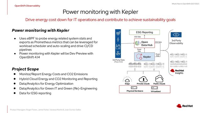What's Next in OpenShift Q2CY2023
Power monitoring with Kepler
Drive energy cost down for IT operations and contribute to achieve sustainability goals
Power monitoring with Kepler
● Uses eBPF to probe energy related system stats and
exports as Prometheus metrics that can be leveraged for
workload scheduler and auto-scaling and drive CI/CD
pipelines
● Power monitoring with Kepler will be Dev Preview with
OpenShift 4.14
Project Scope
● Monitor/Report Energy Costs and CO2 Emissions
● Hybrid Cloud Energy and CO2 Monitoring and Reporting
● Data/Analytics for Energy Optimization
● Data/Analytics for Green IT and Green (Re)-Engineering
● Data for ESG reporting Virtualized
Edge Public clouds
Physical Hardware
Private clouds
Kepler
Open
Data Hub
ESG Reporting
3rd Party Data
(Power Grid)
3rd Party
Observability
Power
Data
Power
Data
CO2 Data
CO2 Data
OpenShift Observability
Product Managers: Roger Floren, Jamie Parker, Vanessa Martini & Jose Gomez-Selles
