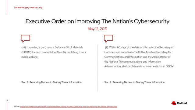 9
Source: https://www.whitehouse.gov/briefing-room/presidential-actions/2021/05/12/executive-order-on-improving-the-nations-cybersecurity/
Sec. 2. Removing Barriers to Sharing Threat Information.
(vii) providing a purchaser a Software Bill of Materials
(SBOM) for each product directly or by publishing it on a
public website;
Sec. 2. Removing Barriers to Sharing Threat Information.
(f) Within 60 days of the date of this order, the Secretary of
Commerce, in coordination with the Assistant Secretary for
Communications and Information and the Administrator of
the National Telecommunications and Information
Administration, shall publish minimum elements for an SBOM.
Software supply chain security
Executive Order on Improving The Nation’s Cybersecurity
May 12, 2021
