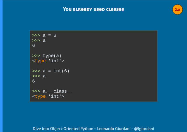 Dive into Object-Oriented Python – Leonardo Giordani - @lgiordani
You already used classes
>>> a = 6
>>> a
6
>>> type(a)

>>> a = int(6)
>>> a
6
>>> a.__class__

2.x
