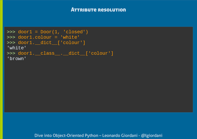 Dive into Object-Oriented Python – Leonardo Giordani - @lgiordani
>>> door1 = Door(1, 'closed')
>>> door1.colour = 'white'
>>> door1.__dict__['colour']
'white'
>>> door1.__class__.__dict__['colour']
'brown'
Attribute resolution
