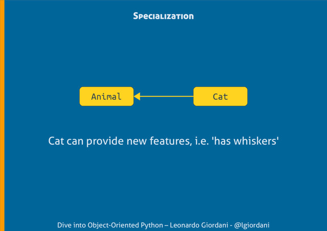 Dive into Object-Oriented Python – Leonardo Giordani - @lgiordani
Specialization
Cat
Animal
Cat can provide new features, i.e. 'has whiskers'
