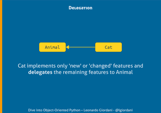 Dive into Object-Oriented Python – Leonardo Giordani - @lgiordani
Delegation
Cat
Animal
Cat implements only 'new' or 'changed' features and
delegates the remaining features to Animal
