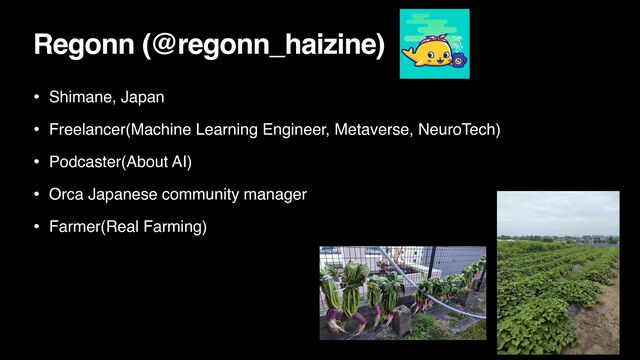 Regonn (@regonn_haizine)
• Shimane, Japan
• Freelancer(Machine Learning Engineer, Metaverse, NeuroTech)
• Podcaster(About AI)
• Orca Japanese community manager
• Farmer(Real Farming)
