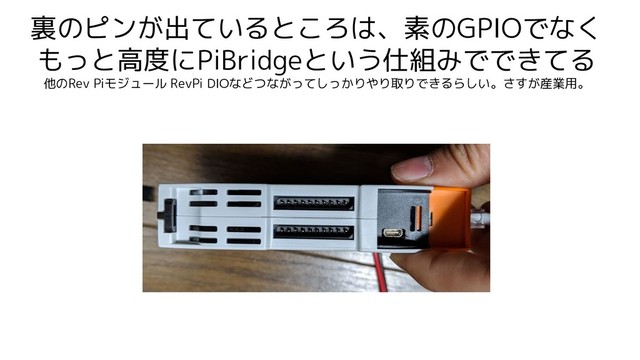 裏のピンが出ているところは、素のGPIOでなく
もっと高度にPiBridgeという仕組みでできてる
他のRev Piモジュール RevPi DIOなどつながってしっかりやり取りできるらしい。さすが産業用。

