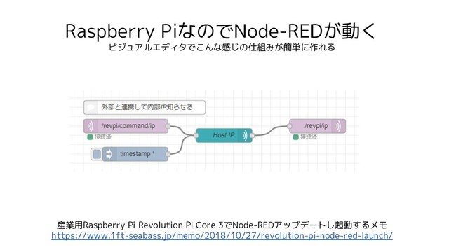 Raspberry PiなのでNode-REDが動く
ビジュアルエディタでこんな感じの仕組みが簡単に作れる
産業用Raspberry Pi Revolution Pi Core 3でNode-REDアップデートし起動するメモ
https://www.1ft-seabass.jp/memo/2018/10/27/revolution-pi-node-red-launch/
